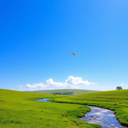 A serene landscape featuring a clear blue sky, lush green meadows, and a sparkling river flowing through the scene