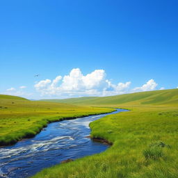 A serene landscape featuring a clear blue sky, lush green meadows, and a sparkling river flowing through the scene