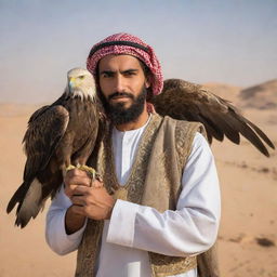 A handsome, bearded Arab youth in traditional attire, carrying a large eagle on his arm, exuding an aura of strength and freedom.