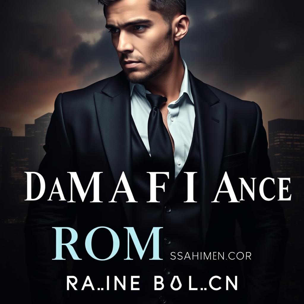 A dark mafia romance book cover featuring a brooding, handsome man in a tailored suit, with a cityscape in the background