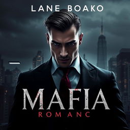 A dark mafia romance book cover featuring a brooding, handsome man in a tailored suit, with a cityscape in the background