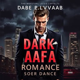 A dark mafia romance book cover featuring a brooding, handsome man in a tailored suit, with a cityscape in the background