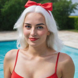 photo of a girl 30 years, average build, with white hair in red swimsuit. Proportional long square facial features, dimples in the cheeks, bow lips, large black eyebrows, smooth green medium eyes, swarthy skin.