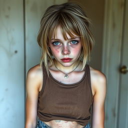 A short 23-year-old girl who is a heroin addict, very pale and skinny, with bruises under her eyes and cuts on her arms