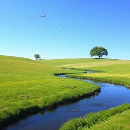 A serene landscape with a clear blue sky, lush green meadows, and a calm river flowing through