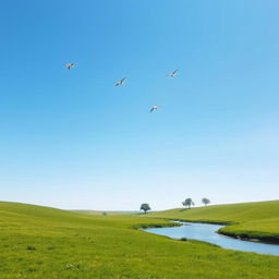 A serene landscape with a clear blue sky, lush green meadows, and a calm river flowing through