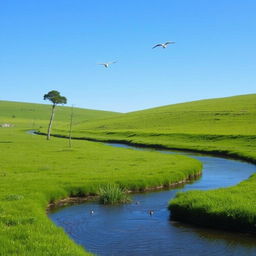 A serene landscape with a clear blue sky, lush green meadows, and a calm river flowing through