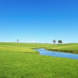 A serene landscape with a clear blue sky, lush green meadows, and a calm river flowing through