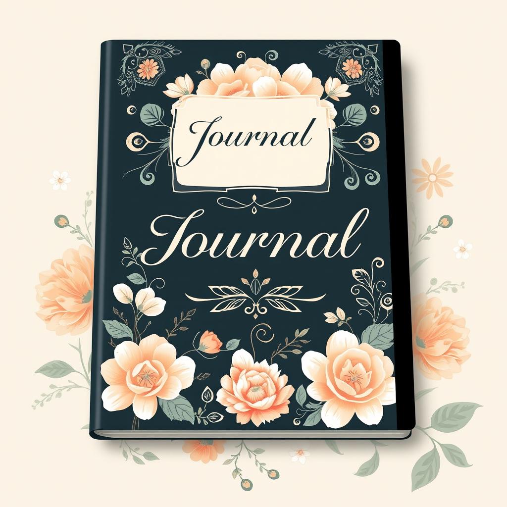 A beautifully designed journal cover featuring elegant typography, intricate floral patterns, and a serene color palette