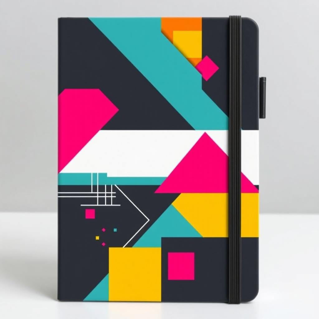 A stylish notebook cover with a modern design, featuring geometric shapes, vibrant colors, and a minimalist aesthetic