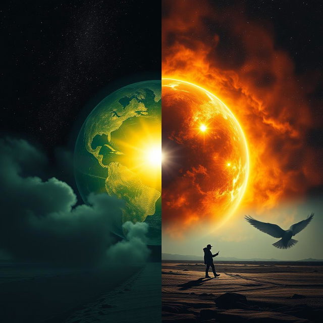 Dois mundos diferentes, um cheio de luz e cores vibrantes e o outro sombrio e desolado, com uma sombra de uma garota ao fundo