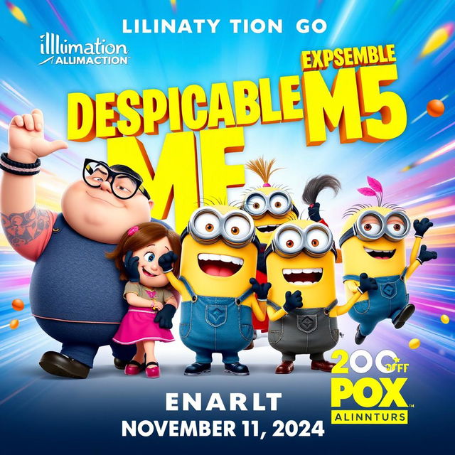 A vibrant and exciting movie poster for 'Despicable Me 5', set to release on November 6th, 2024