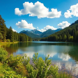 A beautiful landscape featuring a serene lake surrounded by lush green trees and mountains in the background under a clear blue sky with fluffy white clouds