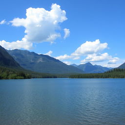 A beautiful landscape featuring a serene lake surrounded by lush green trees and mountains in the background under a clear blue sky with fluffy white clouds