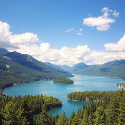 A beautiful landscape featuring a serene lake surrounded by lush green trees and mountains in the background under a clear blue sky with fluffy white clouds