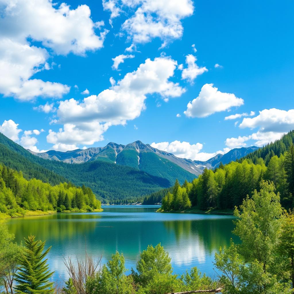 A beautiful landscape featuring a serene lake surrounded by lush green trees and mountains in the background under a clear blue sky with fluffy white clouds