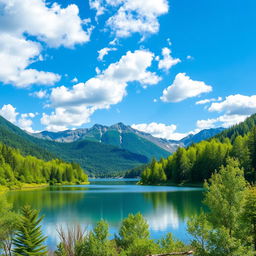 A beautiful landscape featuring a serene lake surrounded by lush green trees and mountains in the background under a clear blue sky with fluffy white clouds