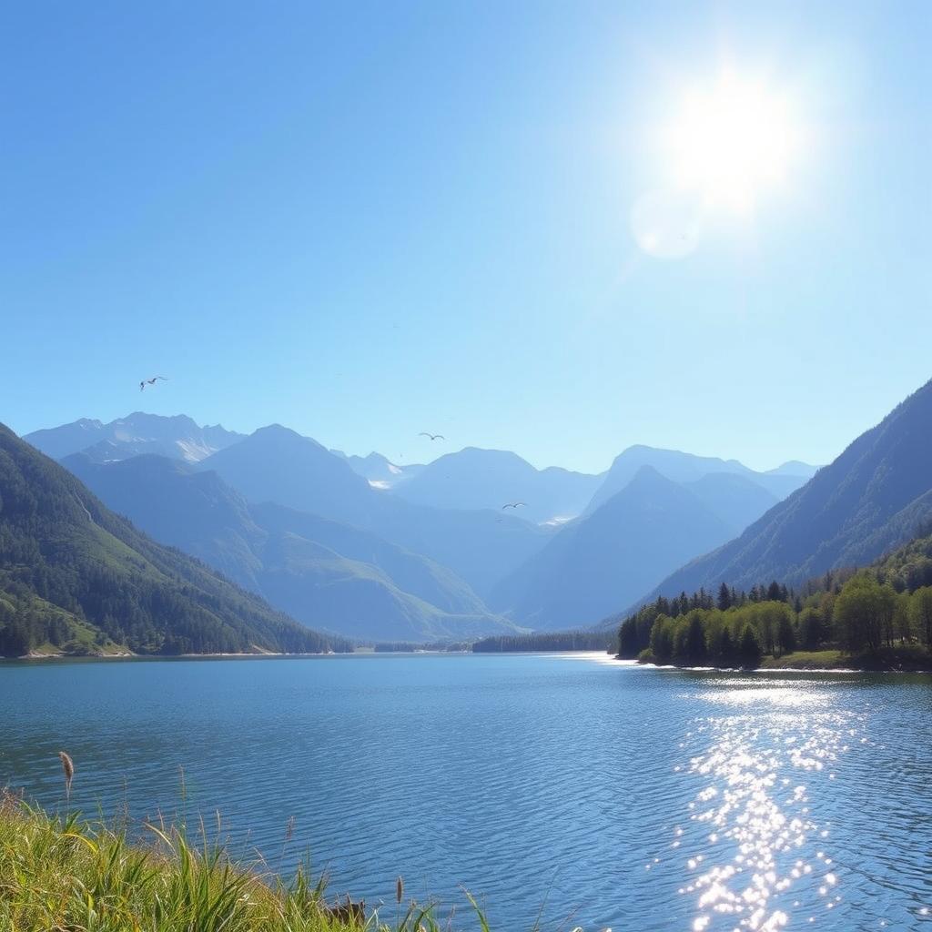 A beautiful landscape featuring a serene lake surrounded by mountains and lush greenery under a clear blue sky