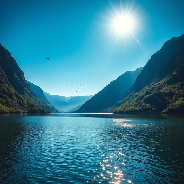 A beautiful landscape featuring a serene lake surrounded by mountains and lush greenery under a clear blue sky