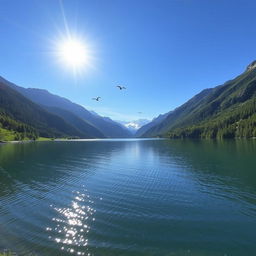 A beautiful landscape featuring a serene lake surrounded by mountains and lush greenery under a clear blue sky