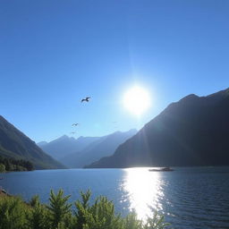 A beautiful landscape featuring a serene lake surrounded by mountains and lush greenery under a clear blue sky