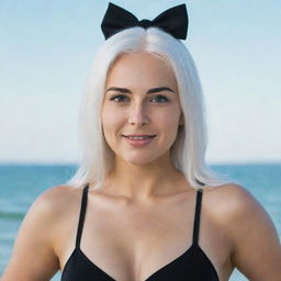 photo of a girl 30 years, average build, with white hair in black swimsuit. Proportional long square facial features, dimples in the cheeks, bow lips, large black eyebrows, smooth green medium eyes, swarthy skin.