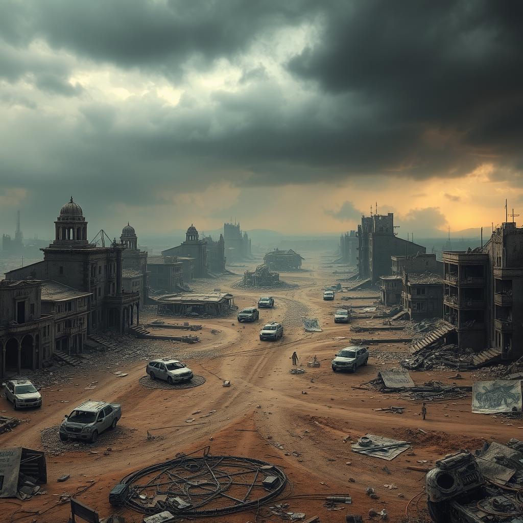 A desolate, apocalyptic world after a massive destruction