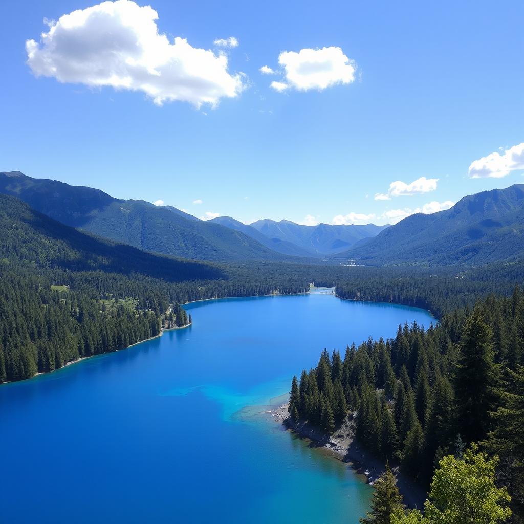 A beautiful, serene landscape featuring a clear blue lake surrounded by lush green forests and mountains in the background