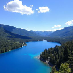 A beautiful, serene landscape featuring a clear blue lake surrounded by lush green forests and mountains in the background