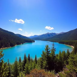 A beautiful, serene landscape featuring a clear blue lake surrounded by lush green forests and mountains in the background