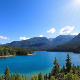 A beautiful, serene landscape featuring a clear blue lake surrounded by lush green forests and mountains in the background