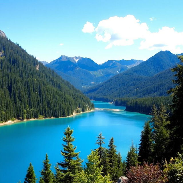 A beautiful, serene landscape featuring a clear blue lake surrounded by lush green forests and mountains in the background