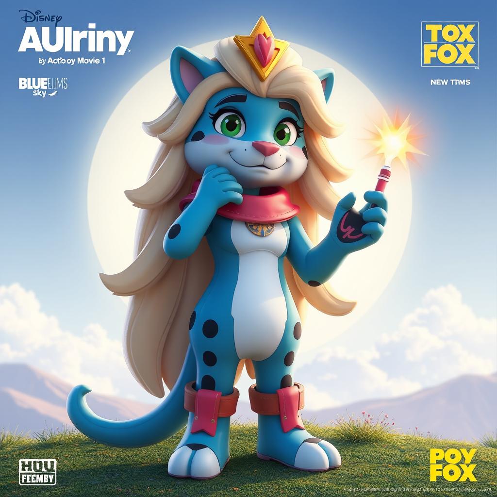 Create an image of Aurora, the fan mascot, with elements from HIU Flims, Blue Sky, and 20th Century Fox