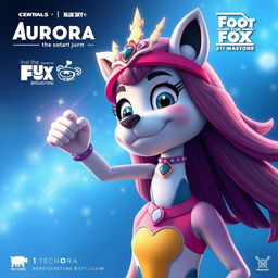 Create an image of Aurora, the fan mascot, with elements from HIU Flims, Blue Sky, and 20th Century Fox