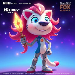 Create an image of Aurora, the fan mascot, with elements from HIU Flims, Blue Sky, and 20th Century Fox