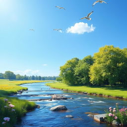 A serene landscape featuring a clear blue sky, a flowing river, and lush green trees