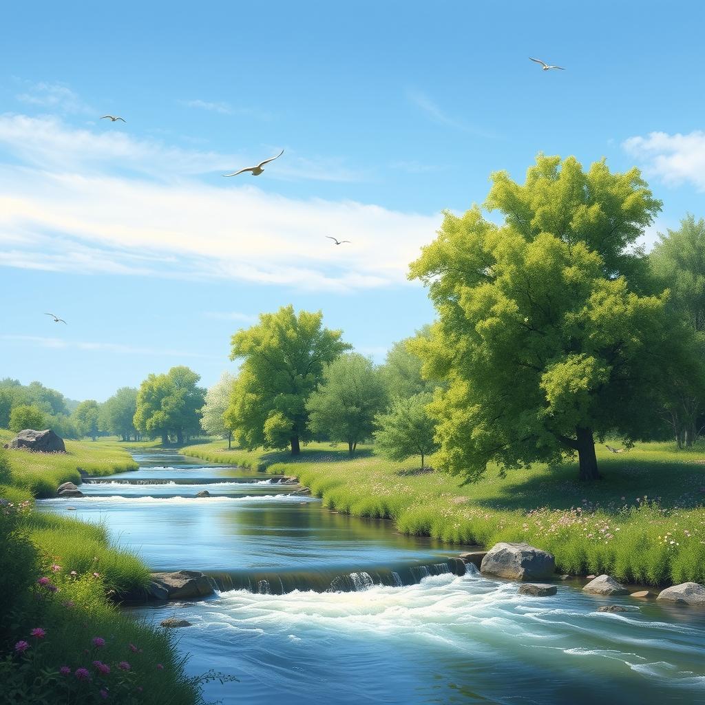 A serene landscape featuring a clear blue sky, a flowing river, and lush green trees