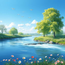 A serene landscape featuring a clear blue sky, a flowing river, and lush green trees