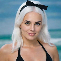 photo of a girl 30 years, average build, with white hair in black swimsuit. Proportional long square facial features, dimples in the cheeks, bow lips, large black eyebrows, smooth green medium eyes, swarthy skin.