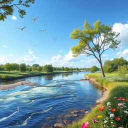A serene landscape featuring a clear blue sky, a flowing river, and lush green trees