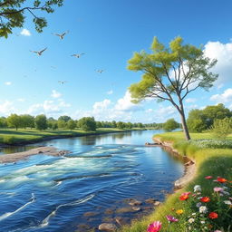 A serene landscape featuring a clear blue sky, a flowing river, and lush green trees