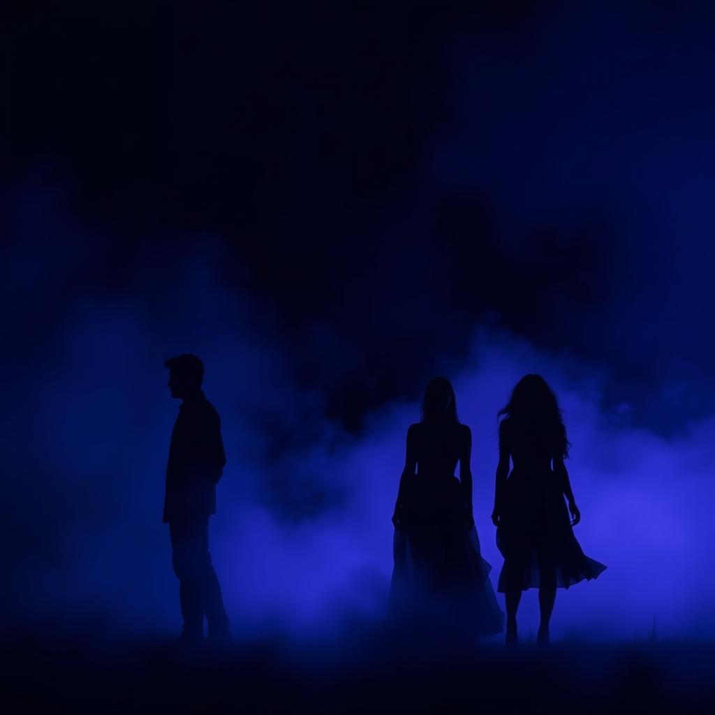 A dark blue background with black and purple hues, featuring mist and three silhouettes: one man and two women