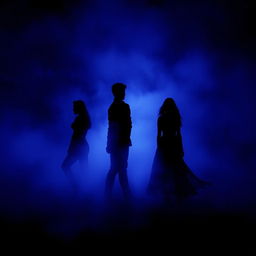 A dark blue background with black and purple hues, featuring mist and three silhouettes: one man and two women