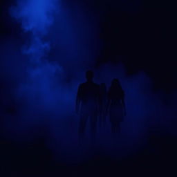 A dark blue background with black and purple hues, featuring mist and three silhouettes: one man and two women