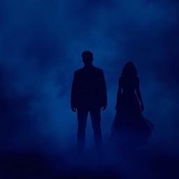 A dark blue background with black and purple hues, featuring mist and three silhouettes: one man and two women