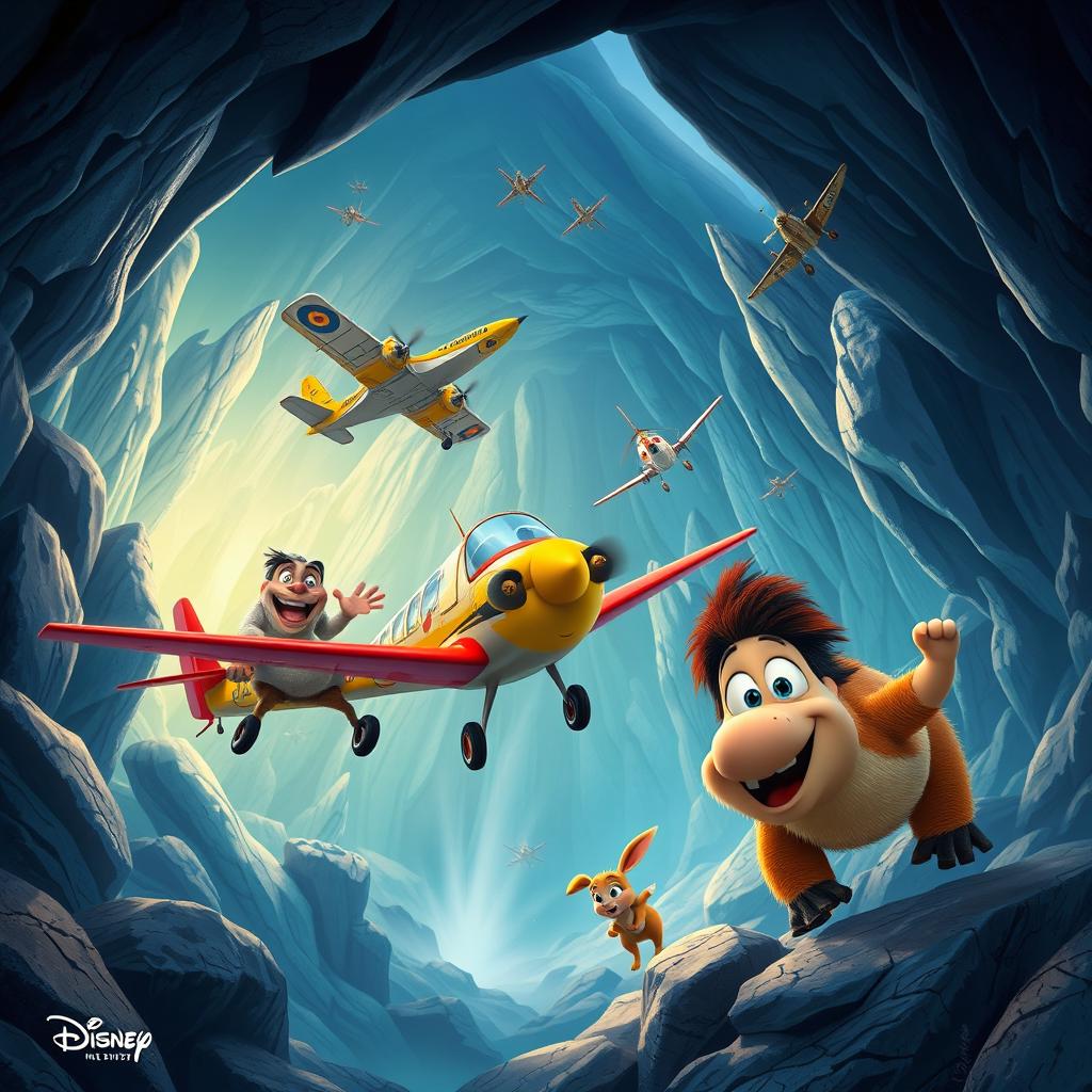 A vibrant and adventurous scene featuring characters from Disneytoons and Disney, set in a mystical cave with planes flying around