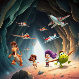 A vibrant and adventurous scene featuring characters from Disneytoons and Disney, set in a mystical cave with planes flying around