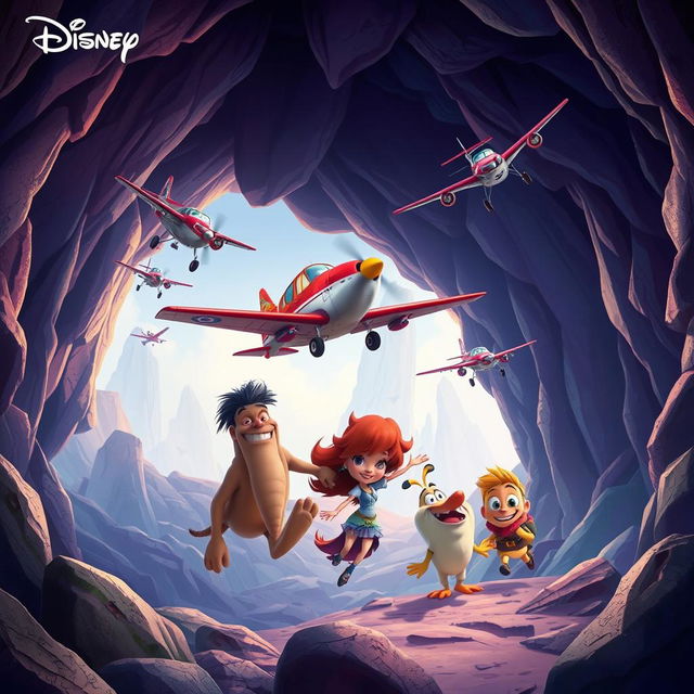 A vibrant and adventurous scene featuring characters from Disneytoons and Disney, set in a mystical cave with planes flying around