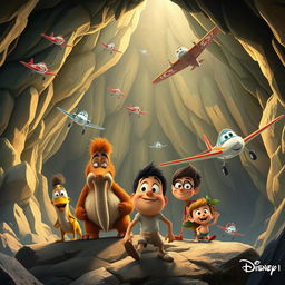 A vibrant and adventurous scene featuring characters from Disneytoons and Disney, set in a mystical cave with planes flying around