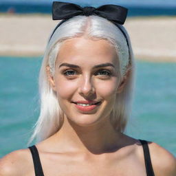 photo of a girl 30 years, average build, with white hair in black swimsuit. Proportional long square facial features, dimples in the cheeks, bow lips, large black eyebrows, smooth green medium eyes, swarthy skin.